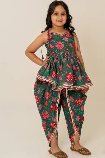 Teal green floral printed cotton dhoti kurti set