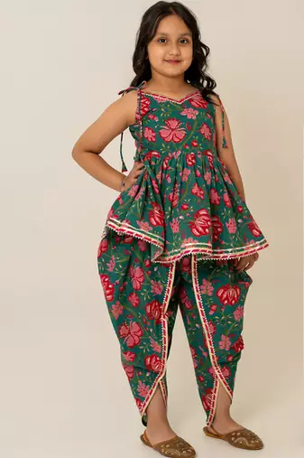 Teal green floral printed cotton dhoti kurti set