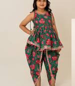 Teal green floral printed cotton dhoti kurti set