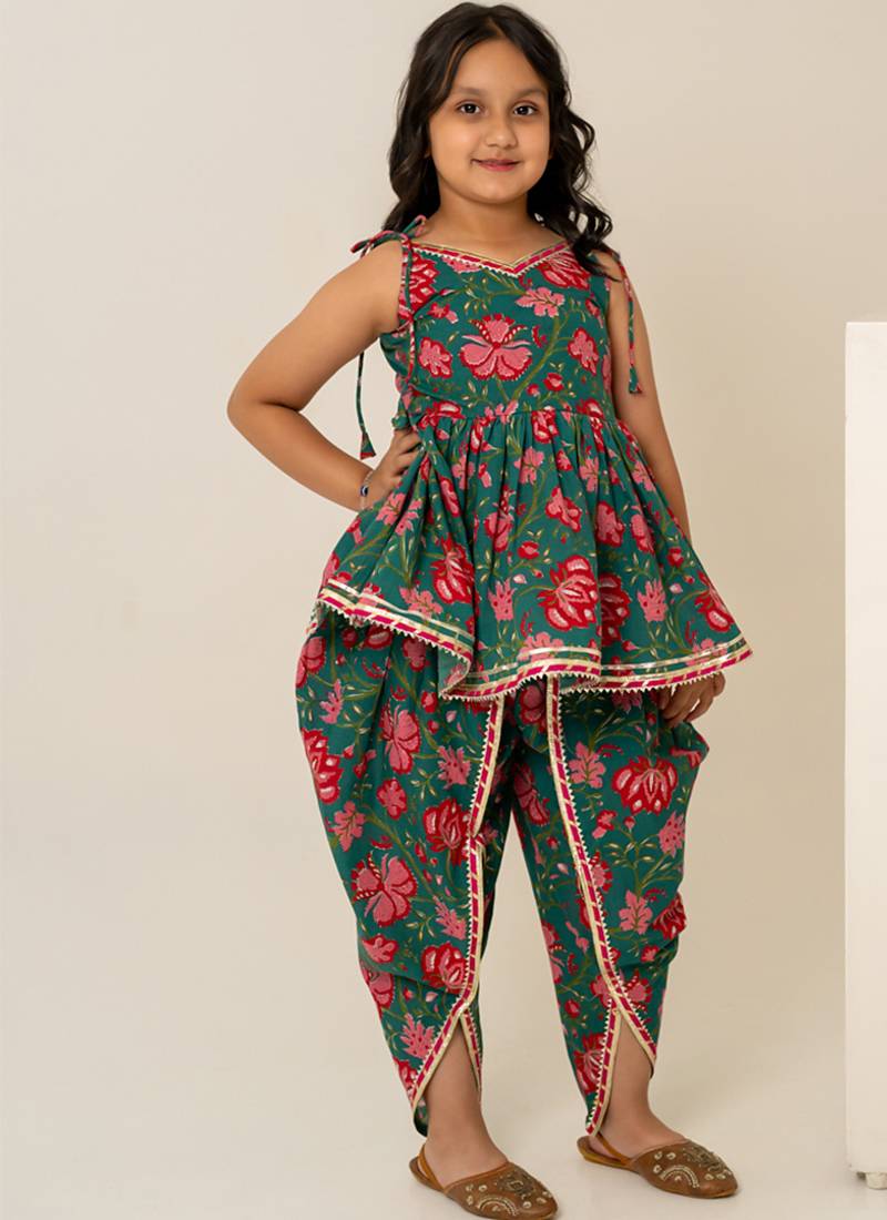 Teal green floral printed cotton dhoti kurti set
