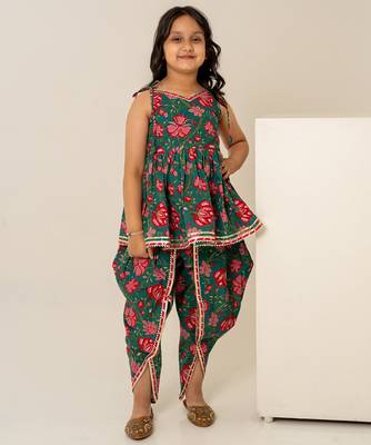 Teal green floral printed cotton dhoti kurti set 2