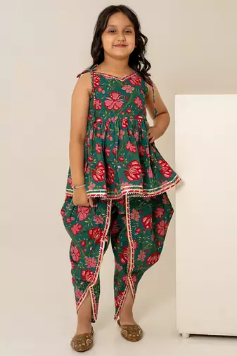 Teal green floral printed cotton dhoti kurti set