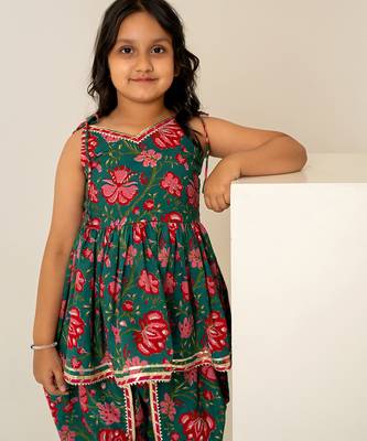 Teal green floral printed cotton dhoti kurti set 3
