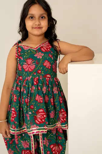 Teal green floral printed cotton dhoti kurti set