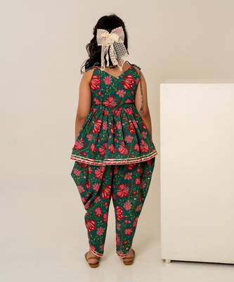 Teal green floral printed cotton dhoti kurti set 4