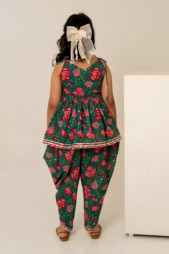 Teal green floral printed cotton dhoti kurti set