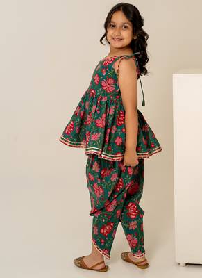 Teal green floral printed cotton dhoti kurti set 5