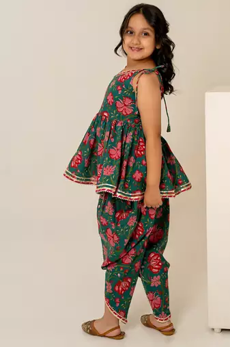 Teal green floral printed cotton dhoti kurti set