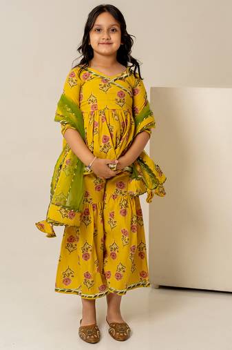 Mustard yellow floral printed cotton sharara set