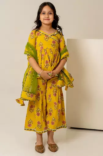 Mustard yellow floral printed cotton sharara set