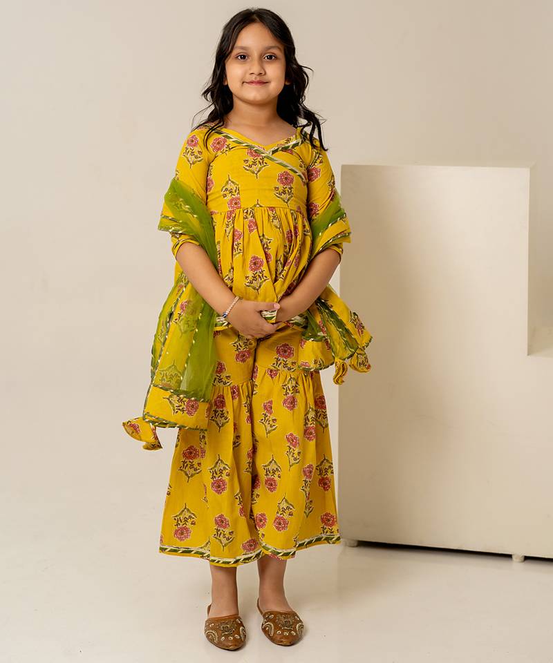 Mustard yellow floral printed cotton sharara set