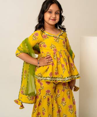 Mustard yellow floral printed cotton sharara set 2
