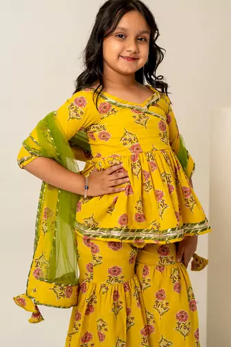 Mustard yellow floral printed cotton sharara set