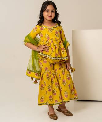 Mustard yellow floral printed cotton sharara set 3
