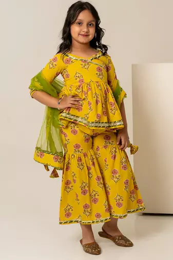 Mustard yellow floral printed cotton sharara set