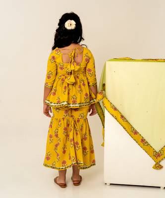 Mustard yellow floral printed cotton sharara set 4