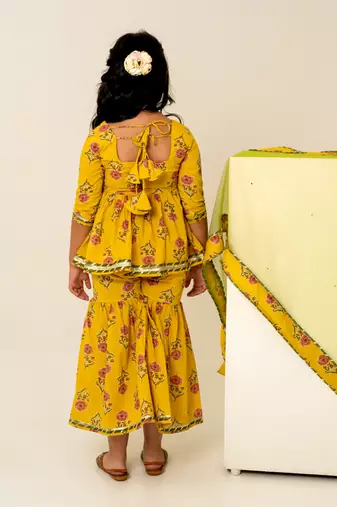 Mustard yellow floral printed cotton sharara set