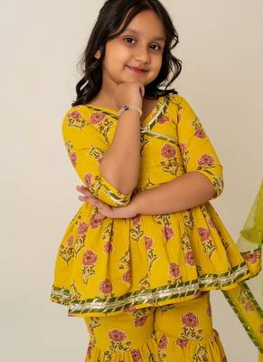 Mustard yellow floral printed cotton sharara set 5