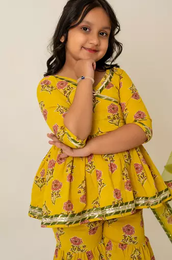 Mustard yellow floral printed cotton sharara set
