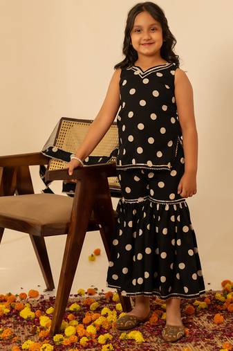 Black dot printed cotton sharara set