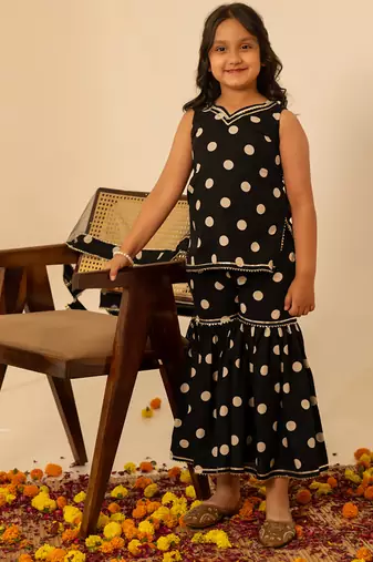 Black dot printed cotton sharara set