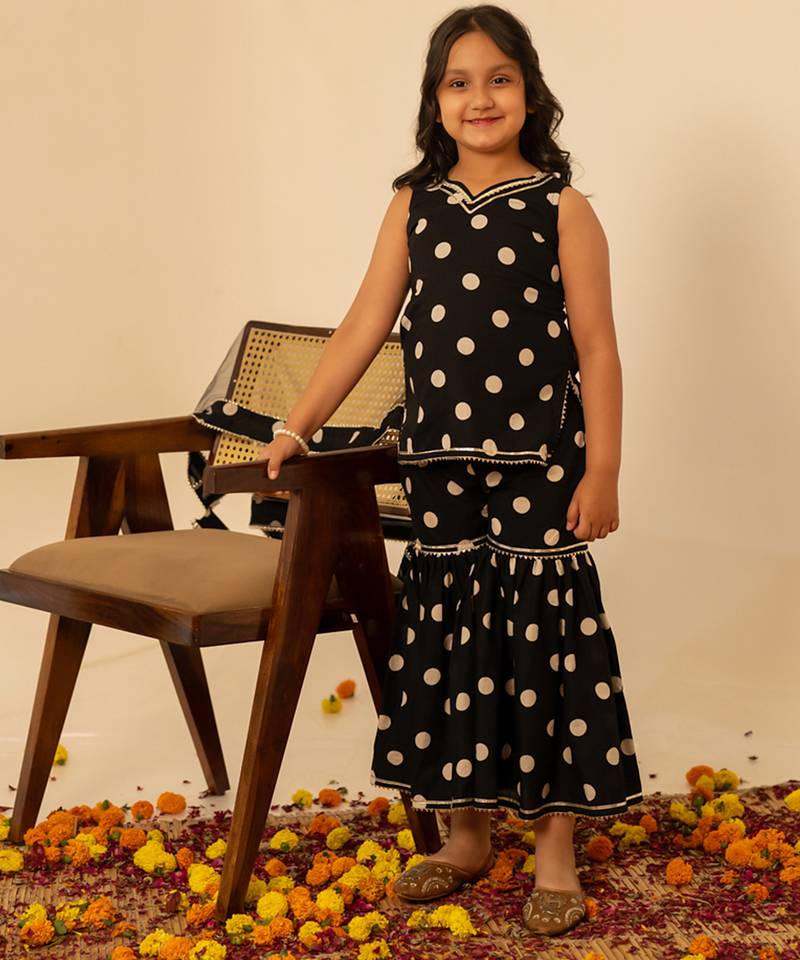 Black dot printed cotton sharara set