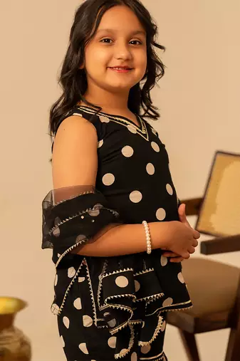 Black dot printed cotton sharara set