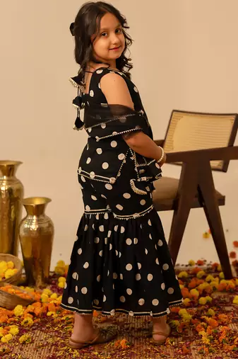Black dot printed cotton sharara set