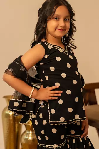 Black dot printed cotton sharara set