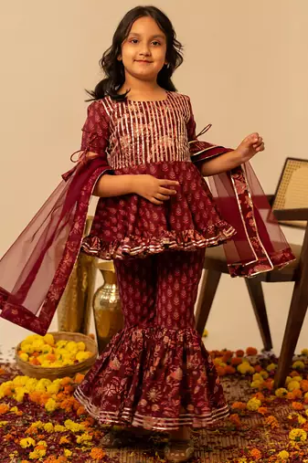 Maroon printed cotton sharara set
