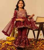 Maroon printed cotton sharara set