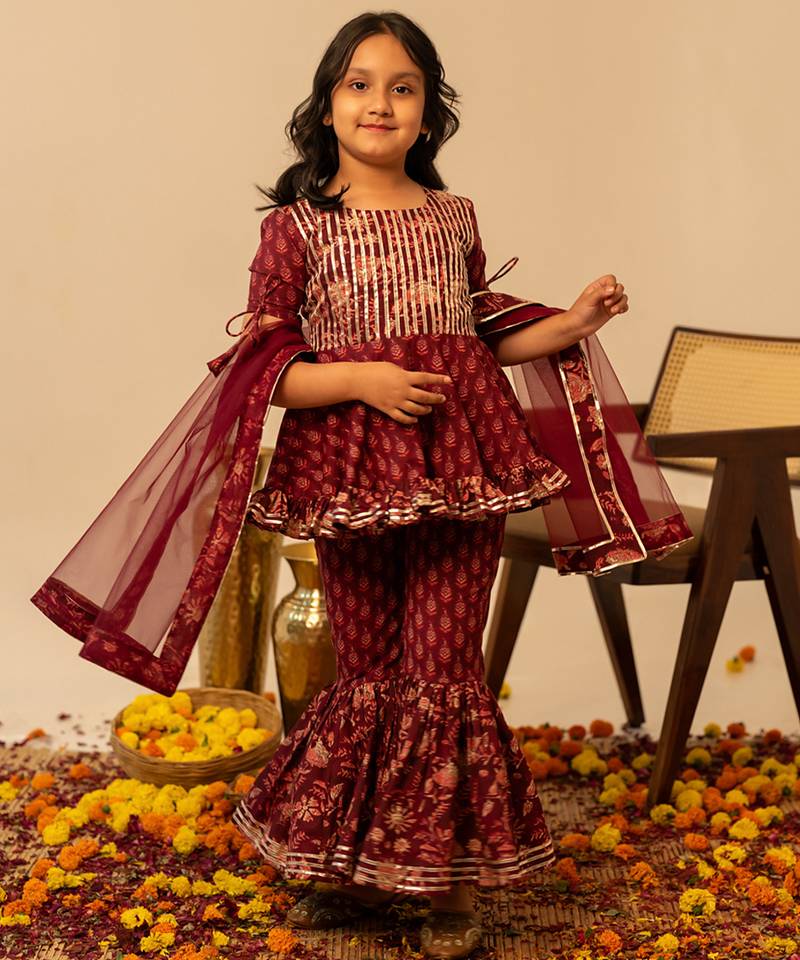 Maroon printed cotton sharara set