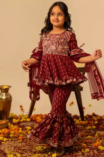 Maroon printed cotton sharara set