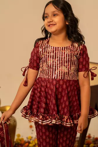 Maroon printed cotton sharara set