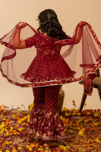 Maroon printed cotton sharara set