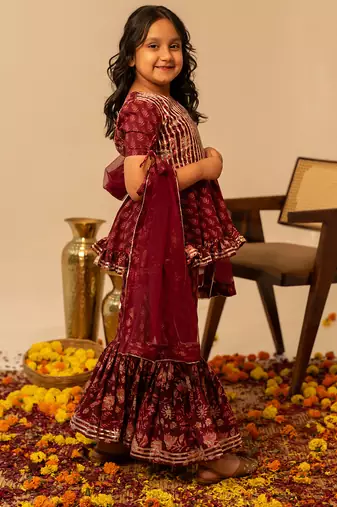 Maroon printed cotton sharara set