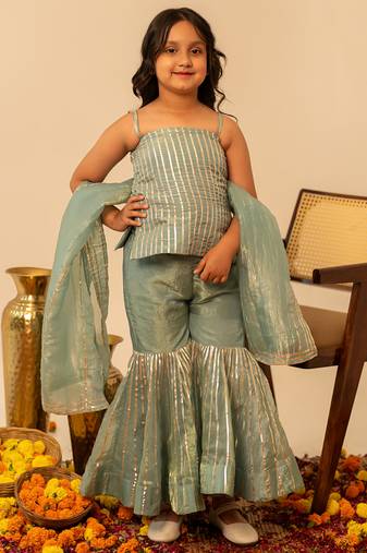 Sage green embroidered cosmos sharara set