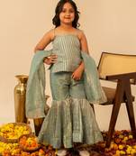 Sage green embroidered cosmos sharara set