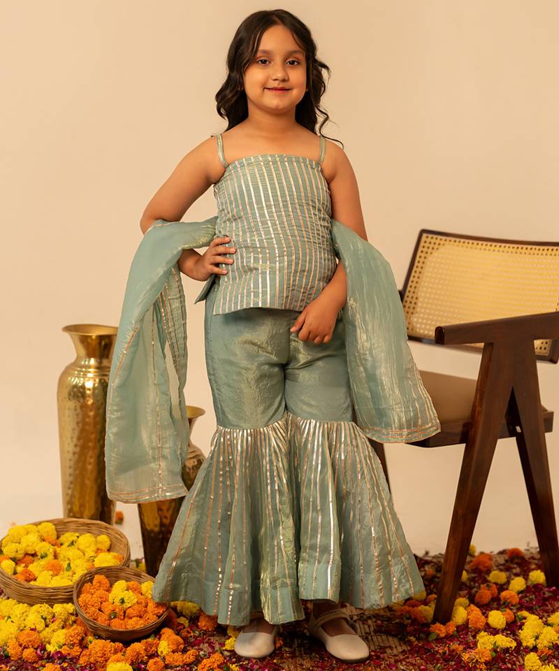 Sage green embroidered cosmos sharara set