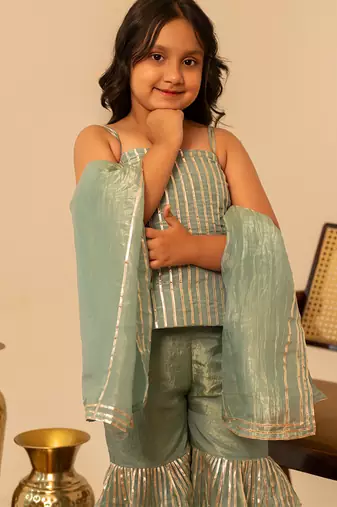 Sage green embroidered cosmos sharara set