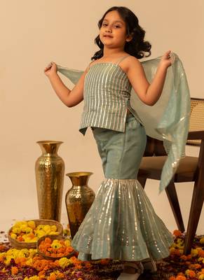 Sage green embroidered cosmos sharara set 3