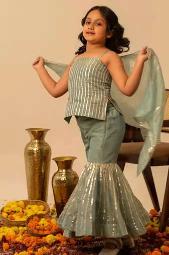 Sage green embroidered cosmos sharara set