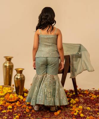 Sage green embroidered cosmos sharara set 4