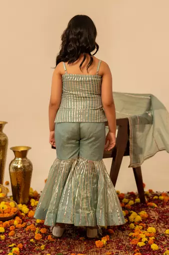 Sage green embroidered cosmos sharara set