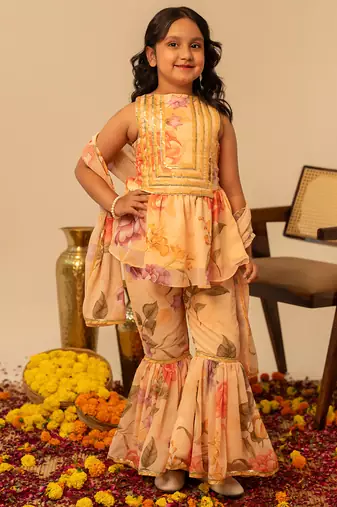 Peach yellow floral printed muslin sharara set