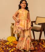 Peach yellow floral printed muslin sharara set