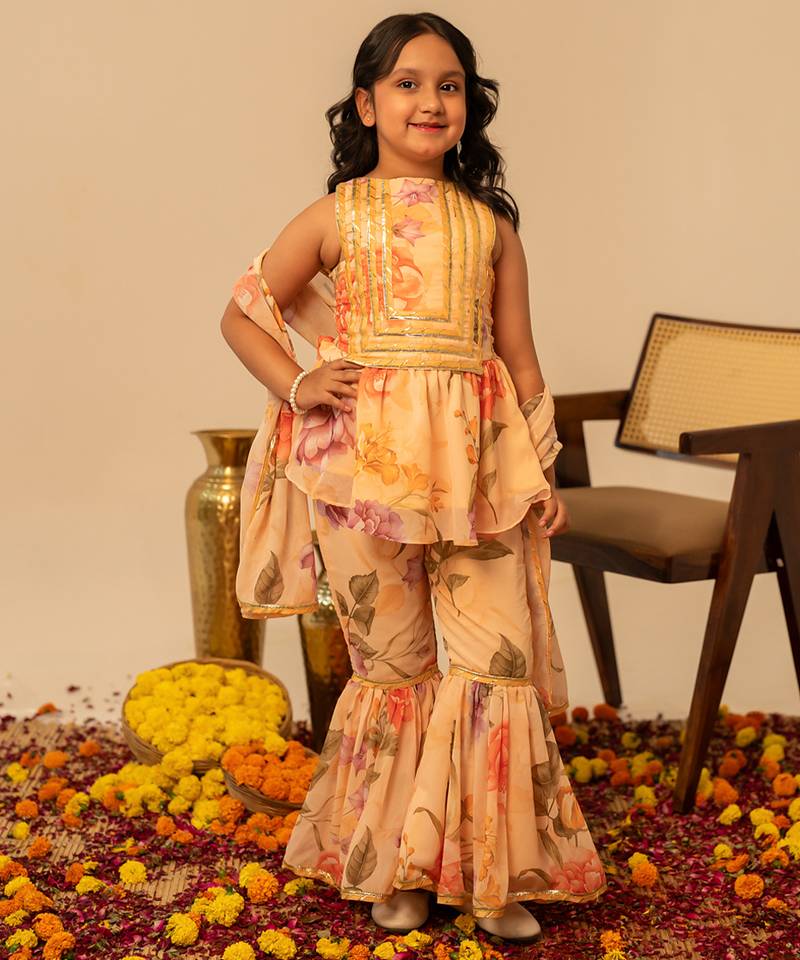 Peach yellow floral printed muslin sharara set