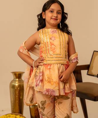 Peach yellow floral printed muslin sharara set 2