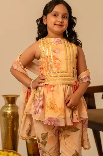 Peach yellow floral printed muslin sharara set