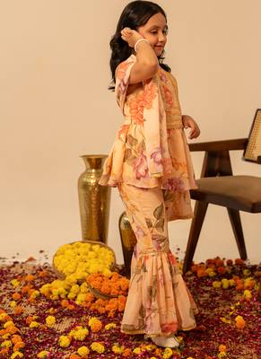 Peach yellow floral printed muslin sharara set 3